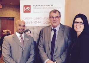 (L to R): Christian Codrington, CHRP, HRMA director, regulatory affairs and member value; Hon. Minister Steve Thomson; Paulette Brager, CHRP, HRMA Southern Interior Advisory Council chair.